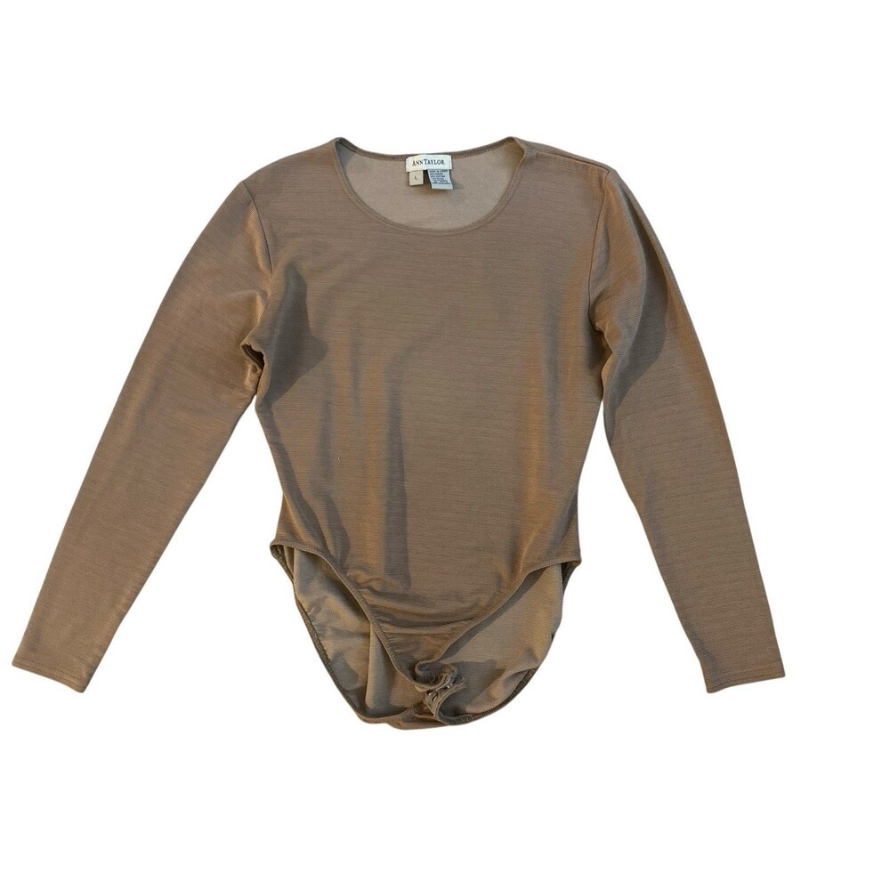 Vtg Ann Taylor 90s Brown Ribbed‎ Bodysuit Size L Long Sleeve Minimalist